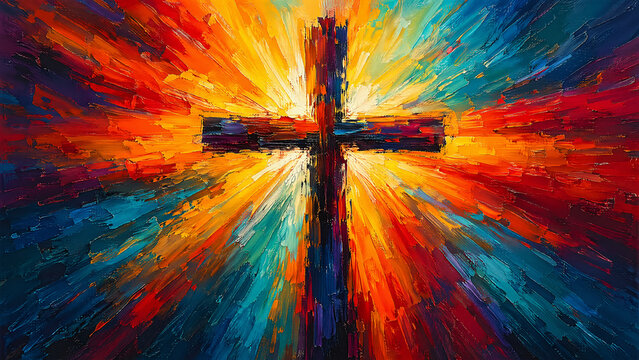 Abstract painting of cross with radiant colorful light burst