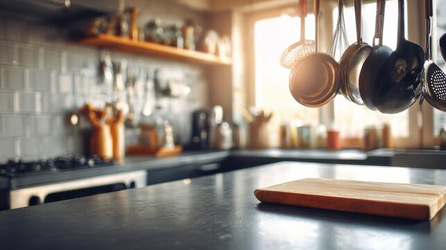 Warm sunlight illuminates a modern, open kitchen with sleek appliances and hanging utensils, inviting culinary creation
