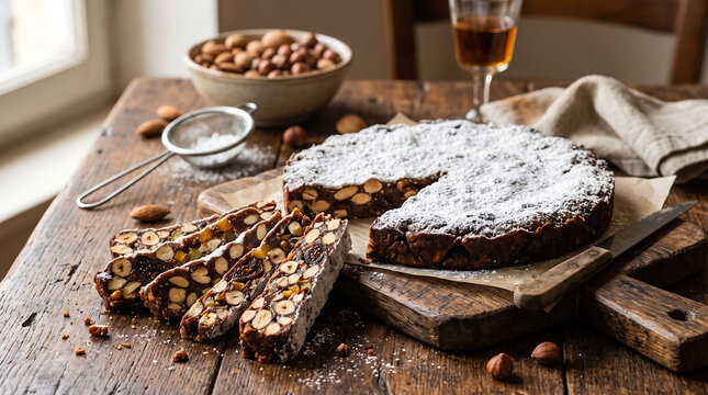 Traditional Italian Panforte slices with whole nuts and powdered sugar on rustic table