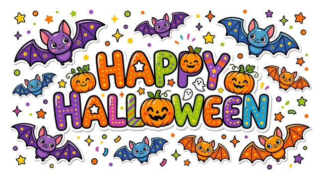 Halloween Cartoon Illustration with Bats and Pumpkins