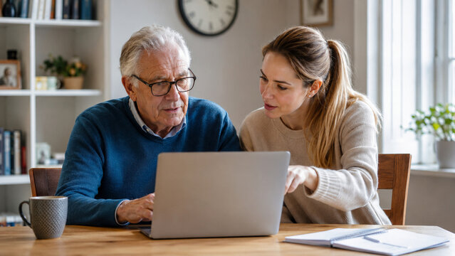 Daughter helping senior father complete online form on laptop