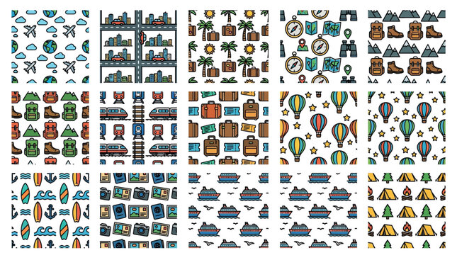 seamless travel patterns featuring diverse vacation themes global adventure and journey concepts for backgrounds.
