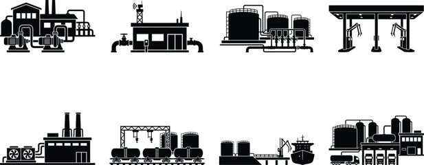 Obraz premium Industrial oil and gas production refinery plant black glyph icons vector set isolated on white background