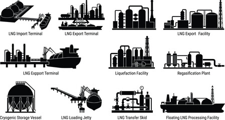 Obraz premium LNG terminal and natural gas processing facility icon set with black silhouettes of tankers and plants