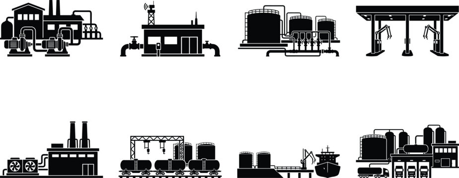 Industrial oil and gas production refinery plant black glyph icons vector set isolated on white background