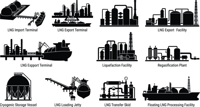 LNG terminal and natural gas processing facility icon set with black silhouettes of tankers and plants
