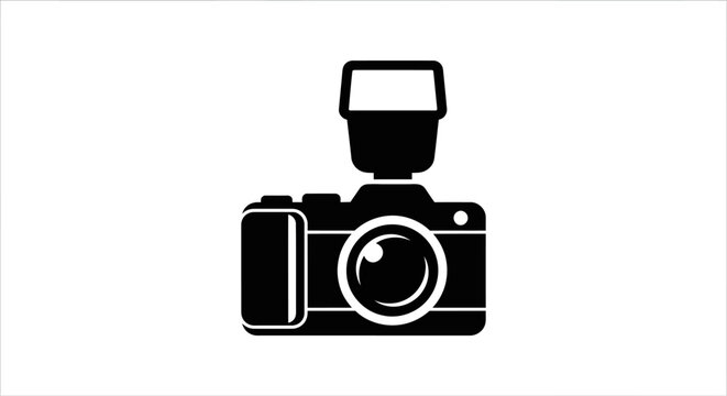 Camera with a flash attachment captures professional photography and modern digital imaging concepts.