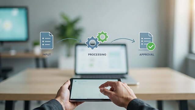Person holding tablet with workflow process above laptop desk