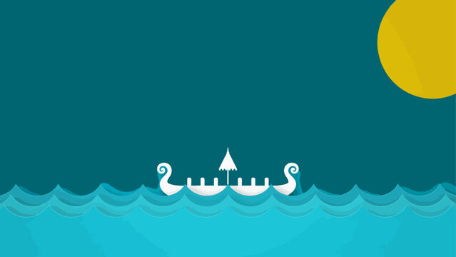 Minimalist Onam festival background banner with 3D paper cut style vector illustration of white Kerala snake boat on waves under yellow sun