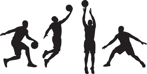 Basketball Player Silhouette Set – Dribbling, Dunk, Jump Shot and Defensive Pose, Black Vector Illustration Isolated on White Background © MirazHossain