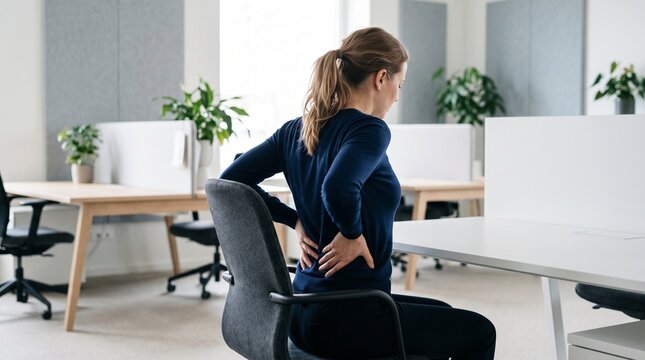 young businesswoman suffering from back pain at office desk