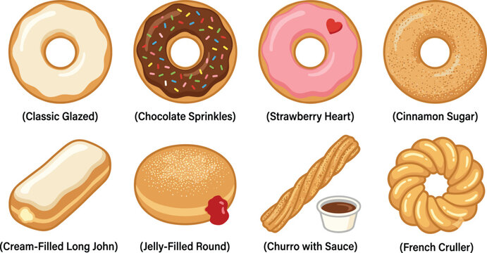 Set of popular vector donut and pastry illustrations including glazed, chocolate sprinkles, jelly filled, and french cruller isolated on white
