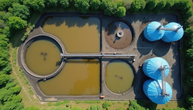 Aerial view of wastewater treatment facility. Settling basins and aeration tanks process industrial effluent for purification and water reuse. Blue silos store treated materials.