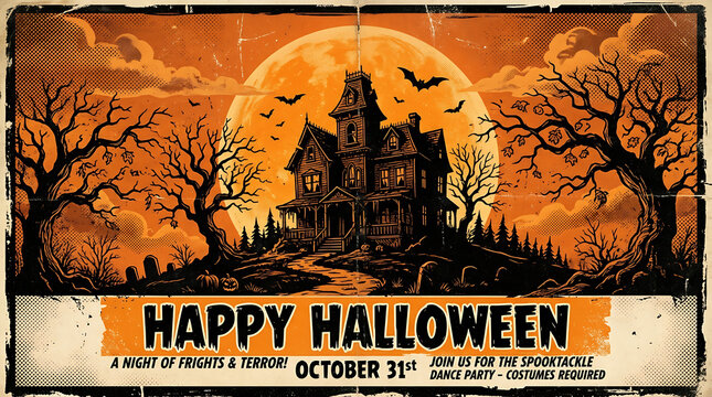 Vintage Retro Halloween Poster Background with Haunted House Silhouette