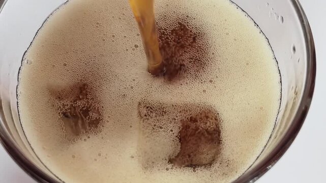 Pouring dark soda drink into glass with ice cubes and foam top view