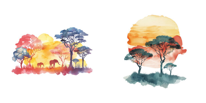 abstract color silhouette of savanna watercolor vector illustration