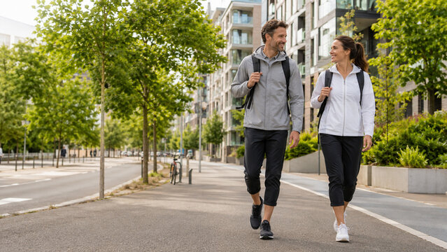 Sport luxe couple walking along leafy urban boulevard