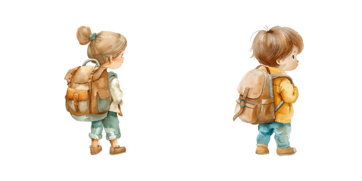 child with backpack watercolor vector illustration