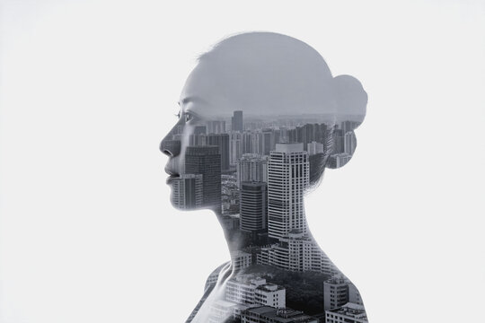A monochrome double exposure artwork merging a woman's profile portrait with an urban cityscape, set against a plain white background.