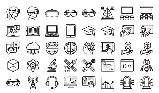 Technology, Artificial Intelligence, and Education Line Icons Set - Vector Illustrations of Digital Learning, VR, and Innovation