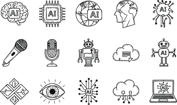 A collection of hand drawn sketch style icons representing artificial intelligence and technology
