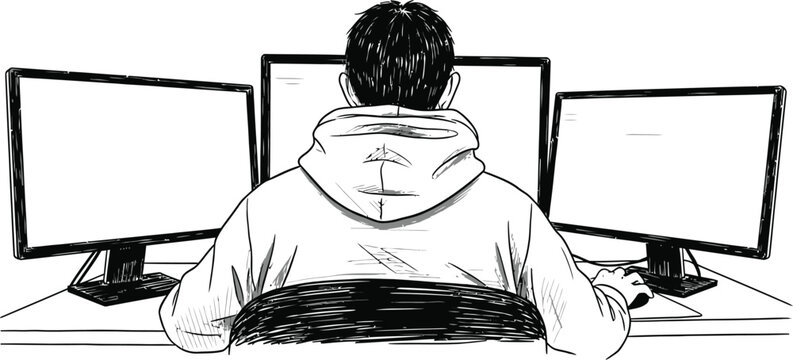 A black and white digital illustration of a person sitting in front of three computer monitors