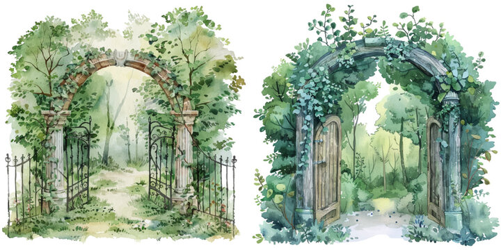 forest arches gate watercolor vector illustration