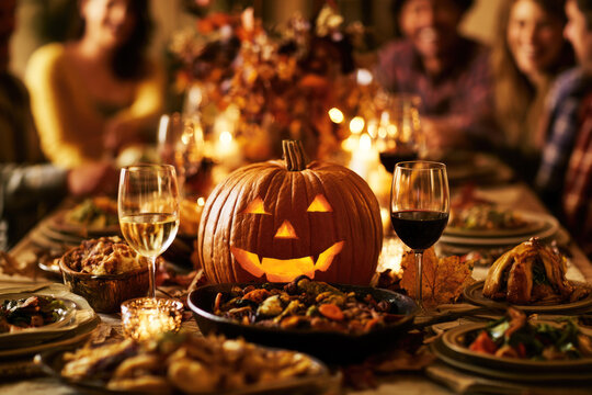 Friends having a cozy autumn dinner party with delicious food and wine on the table, carved pumpkin centerpiece and warm candle lighting