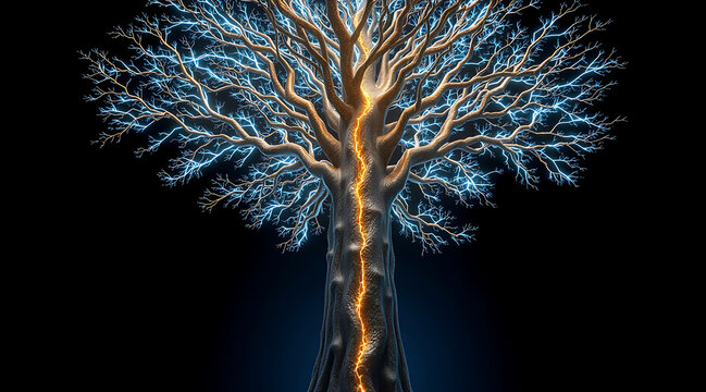 Towering luminous tree with glowing blue branches and golden illuminated trunk vein expressing wonder and energy