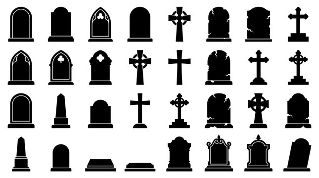 Tombstone Silhouettes Collection: Gravestone Icons, Cemetery Markers, Memorial Headstones