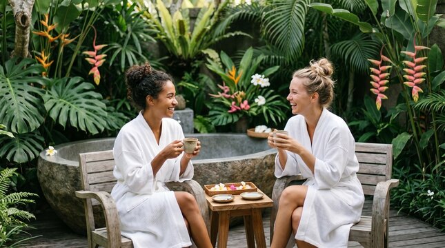 Two women enjoying tea in a lush tropical spa garden, embracing wellness, relaxation and luxury travel experiences