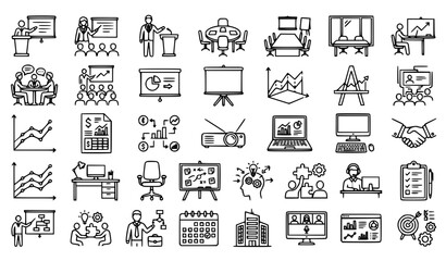 Fototapeta premium Business Meeting, Presentation, and Corporate Conference Line Icons Set - Vector Illustrations of Office Collaboration, Strategy, and Analysis Symbols
