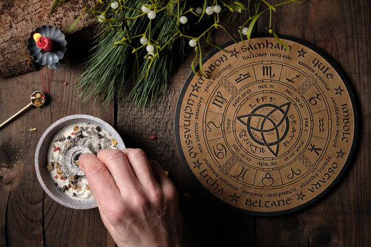 Wheel of the Year incense ritual - placing frankincense and  dried herbs by hand on a glowing charcoal