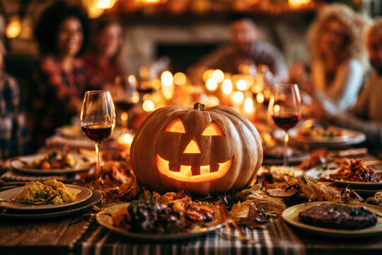Friends having a cozy autumn dinner party with delicious food and wine on the table, carved pumpkin centerpiece and warm candle lighting