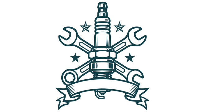 Vintage automotive mechanic emblem featuring a central spark plug with crossed wrenches, decorative stars, and an empty ribbon banner, designed for car repair shop logos.