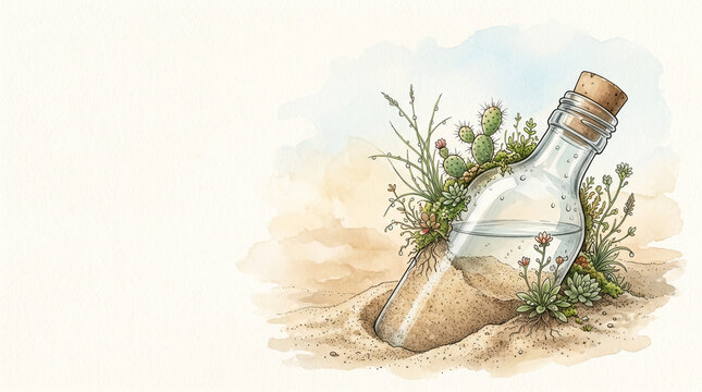 A mysterious bottle with a message in watercolor style, delicate pastel colors, a symbol of dreams and adventures, with a space to copy
