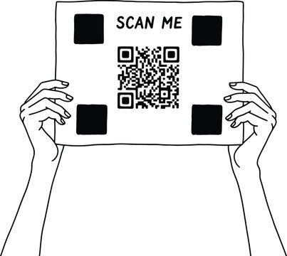 A simple black and white line drawing of two hands holding a sign with a qr code and scan me text