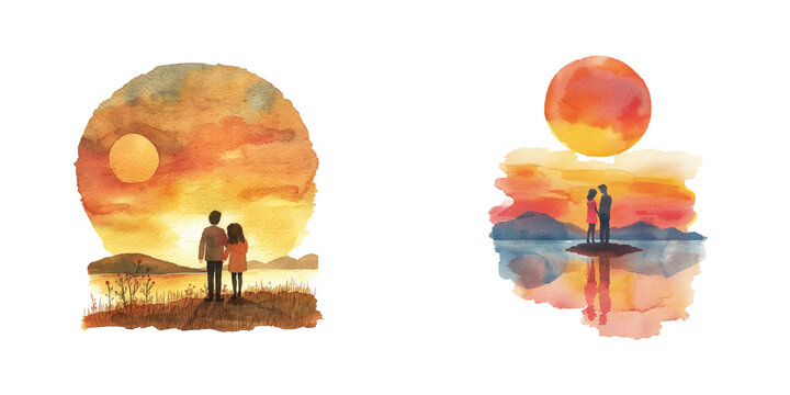 romantic couple enjoying the sunset watercolor vector illustration