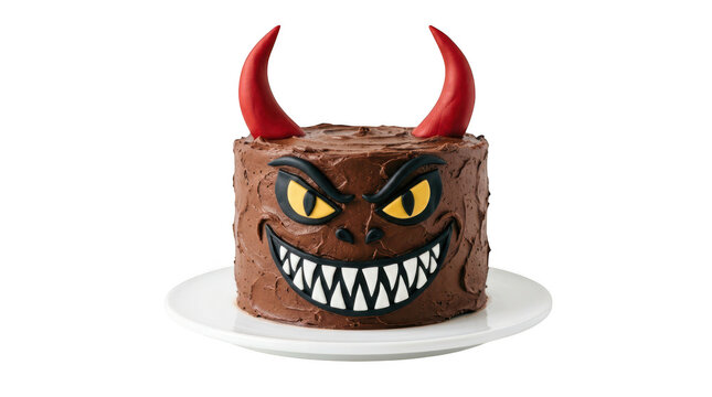 Cute devil chocolate cake with red horns and a mischievous face, halloween dessert, isolated on transparent background