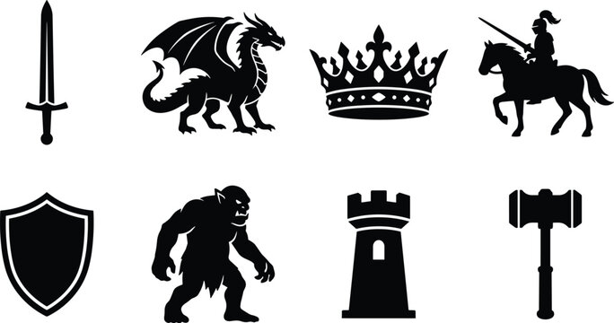 Medieval fantasy silhouette icon set featuring sword dragon crown knight on horse shield orc castle tower and war hammer