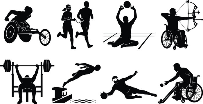 Paralympic athletes silhouette set featuring disabled sports icons including wheelchair racing archery swimming powerlifting and boccia vector