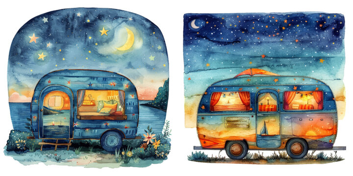 retro camper wagon with sea scene at the night watercolor vector illustration