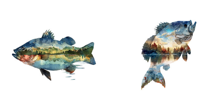 silhouette bass fish with lake scene inside watercolor vector illustration