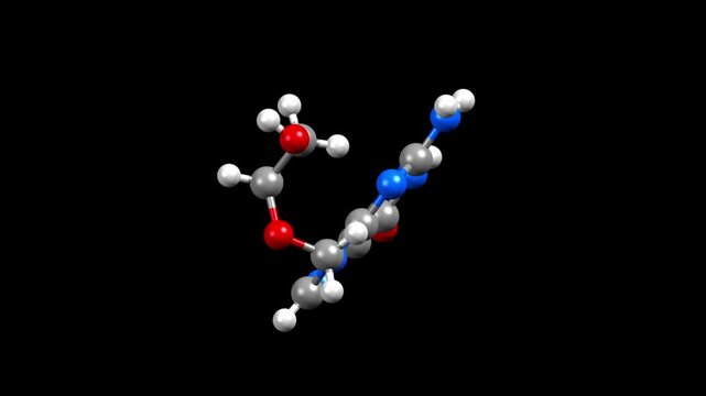 Structure of aciclovir, an antiviral drug for herpes. Animated 3D ball-and-stick and spacefill models, black background.