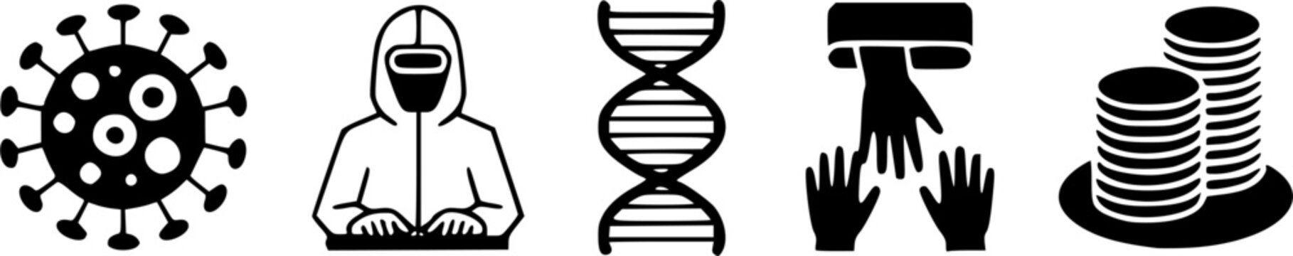 Collection of virology and scientific laboratory icons featuring coronavirus cell scientist in biohazard protective suit DNA helix hands under sanitizer dryer and stacks of petri dishes isolated 