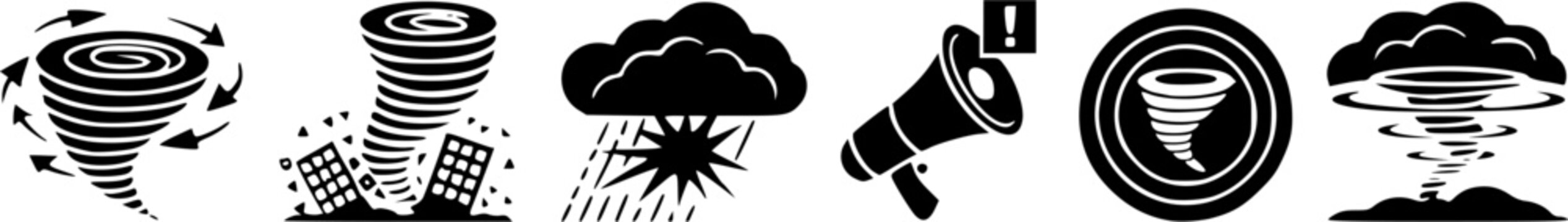 Collection of tornado warning and severe weather disaster icons featuring twister destroying buildings storm cloud megaphone alert and hurricane radar sign isolated on white background.