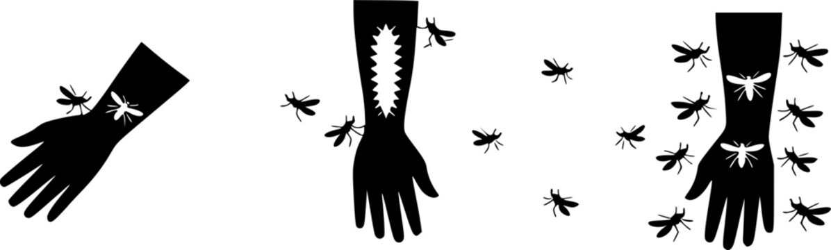 Collection of mosquito bite concepts on human arm and hand vector silhouettes featuring insect swarms stinging skin allergy irritation and inflammation icons isolated on white background.