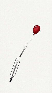 A thermometer exploding from the heat in a minimalistic illustration, scarlet and white tones, a symbol of record high temperature with a space to copy