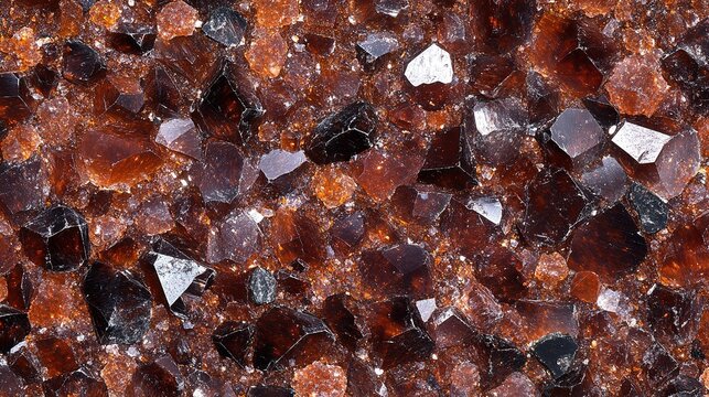 a full frame view of rough, unpolished garnet crystals, reveals a multitude of dark red, brown, and orange crystals with varying degrees of translucency.