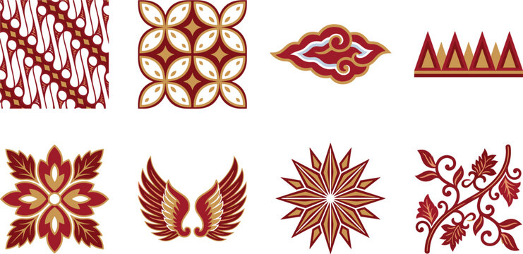 Traditional Indonesian batik ornament icon set featuring parang kawung mega mendung wings and floral patterns in red and gold